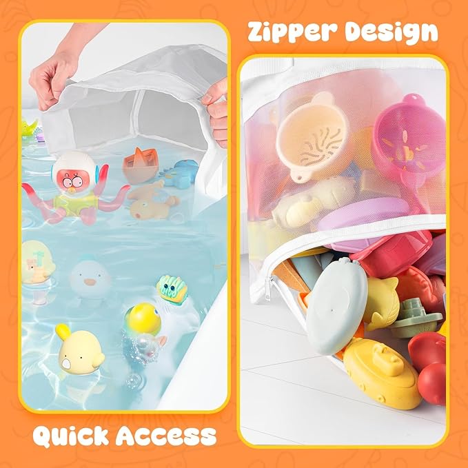 Bath Toy Storage, 4.15 Gallons Bath Toy Holder Wall-Mounted Shower Caddy Bottom Zipper Bathtub Toys Storage Mesh Organizer Bag, Quick Access Baby Shower Games Toys Organizer Accessory White (L)
