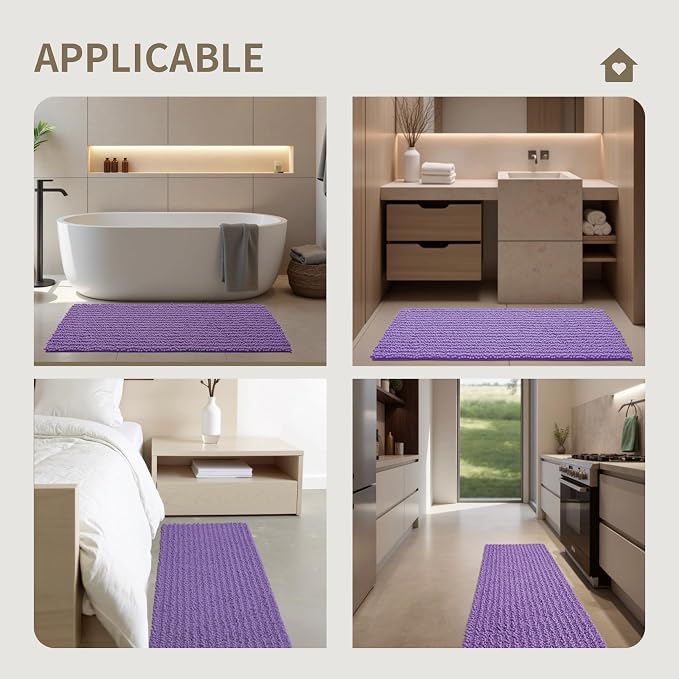 Bathroom Rugs Non Slip Washable 70x24, Extra Thick Soft Chenille Absorbent Bath Mat, High Density Barrier Non Slip Backing, Quick Dry Plush Shaggy Floor Carpet for Tub&Shower, Purple