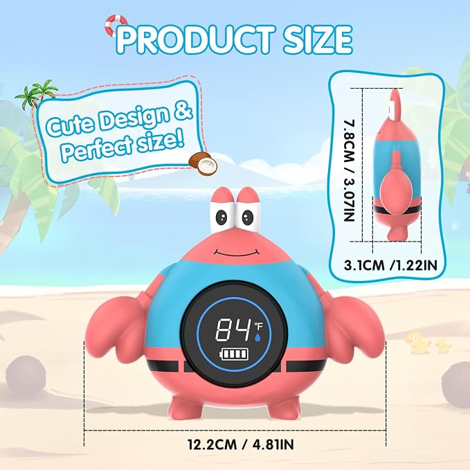 BabyElf Rechargeable Baby Bath Thermometer – Floating Crab Water Temperature Thermometer for Baby Bath, Automatic Sensing, Hot & Cold Alert, Waterproof Bathtub Thermometer for Newborns