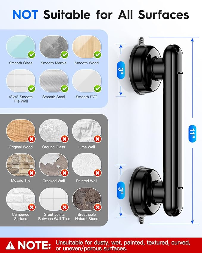 Upgraded 2-Pack Grab Bars for Shower Bathroom Wall, Heavy-Duty Suction Grab Bars Shower Handle Safety for Elderly Seniors Handicap, No Drilling Tool-Free, Reusable (Black and White)