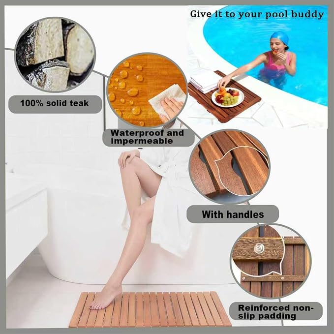 31in×38in,Large Teak Wood Shower Mat, Natural Wooden Bathroom Floor Mat, Spa-Style Fast-Drying Bathtub Tray, Easy to Clean, Suitable for Indoor or Outdoor Use