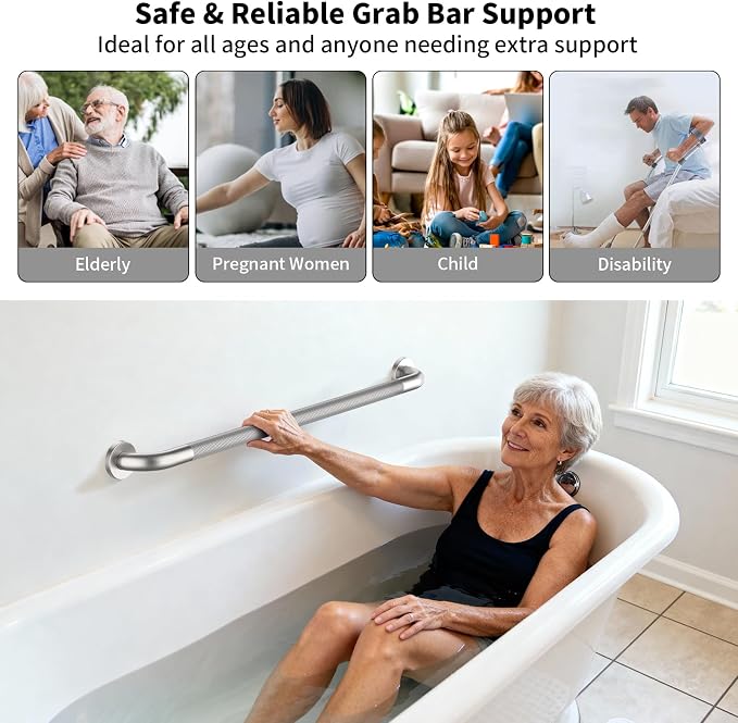 32 Inch Anti Slip Shower Grab Bar, ZUEXT Brushed Nickel Stainless Steel Bathroom Grab Bar, Knurled Bathroom Balance Bar, Safety Hand Rail Support, Handicap Elderly Injury Senior Assist Bath Handle