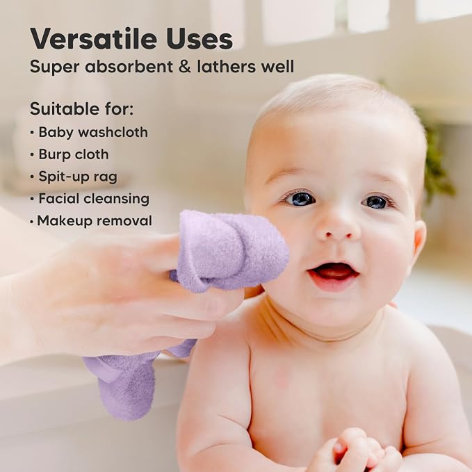6-Pack Baby Washcloths, Soft Absorbent Washcloths for Face, Body (Soft Lilac) | Viscose from Bamboo Washcloths, Baby Towels, Newborn, Kids, Toddlers, Infant, Gentle on Sensitive Skin, 10x10, Reusable