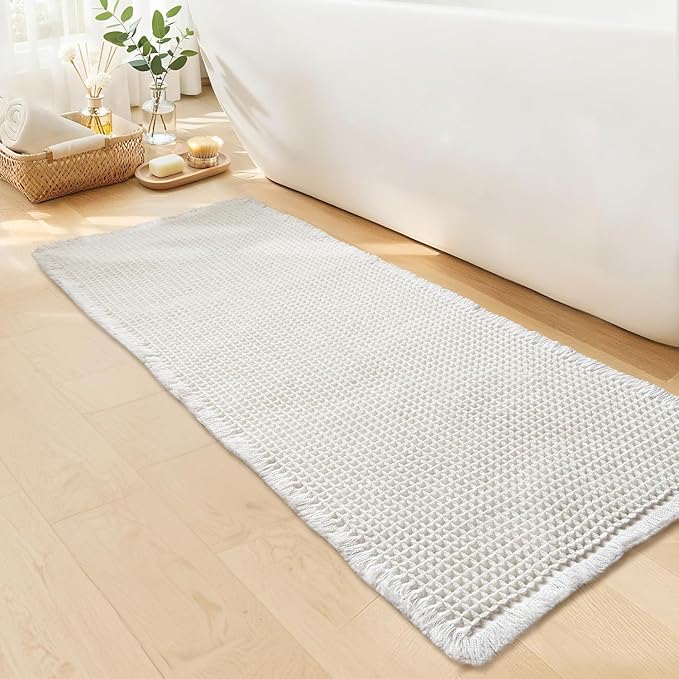 White Bathroom Rugs, Waffle Bath Mat Non Slip Washable, Super Absorbent & Quick Dry, Boho Bath Mat Farmhouse Bathroom Decor, 24'' x 48'', White