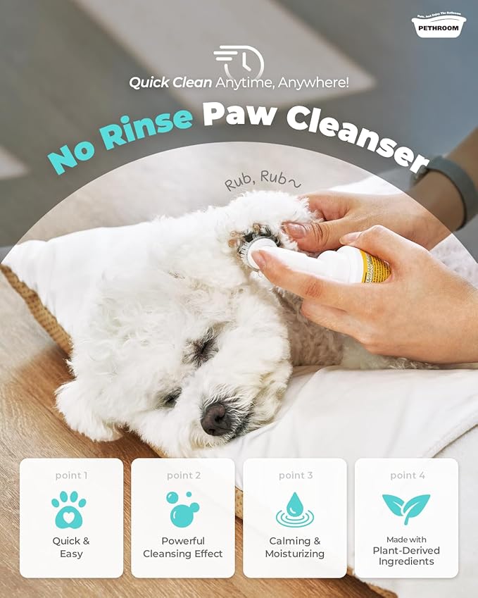 [PETHROOM] Zero Waterless Shampoo Foaming No-Rinse Dog Paw Wash | Quick-Dry & Deodorizing | Silicone Bristle Brush | Moisturizing & Hypoallergenic | Paw Cleaner for Dogs & Cats (2.87 fl oz.)