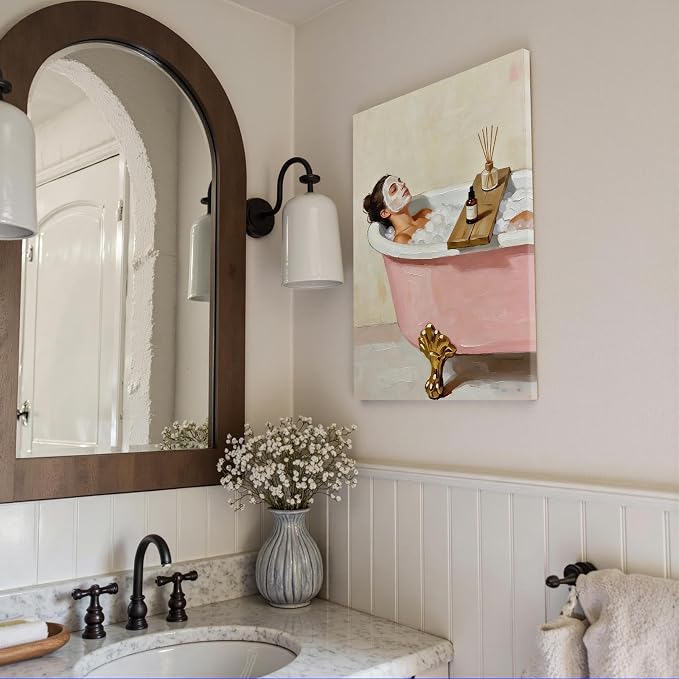 Relaxing Spa Bath Wall Art Woman with Face Mask in Pink Clawfoot Tub Poster Modern Bathroom Oil Painting Print Aesthetic Wall Decor for Powder Room Apartment 16X24 in Wrapped Framed