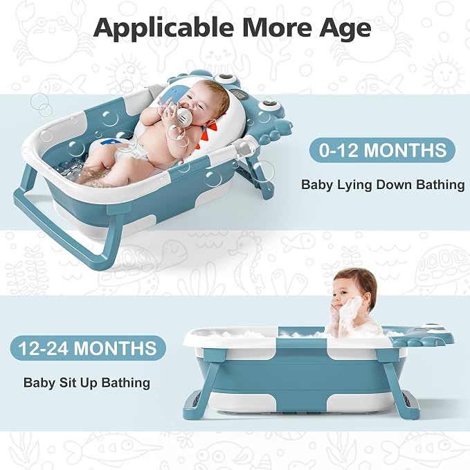 Collapsible Baby Bathtub for Newborns with Thermometer and Soft Floating Cushion Portable and Foldable Travel Baby Girl Bath Tub for Infants to Toddler 0-36 Month (Blue)