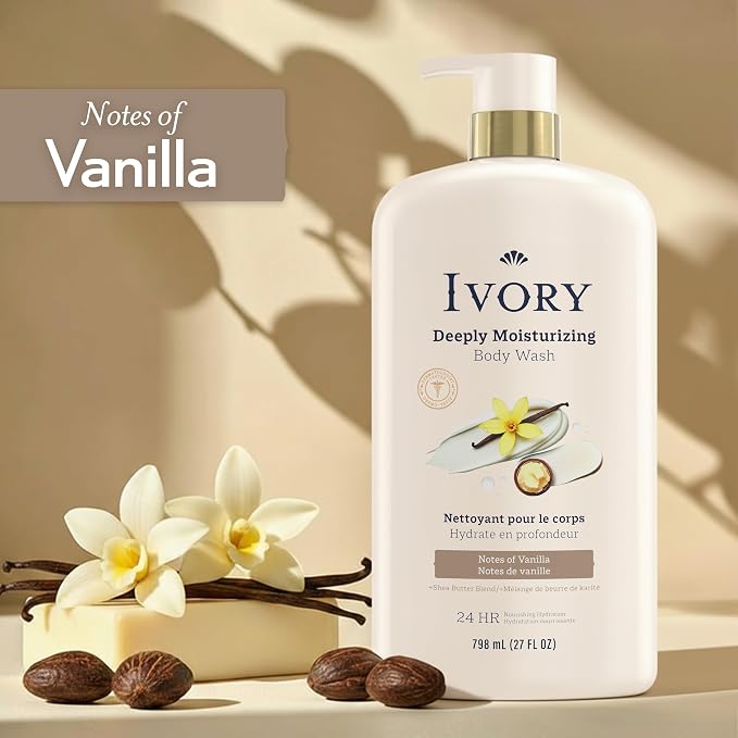 Ivory Body Wash, Deeply Moisturizing, 24hr Nourishing Hydration, Soothes Itchy Dry Skin, Made with Shea Butter Blend, Free of Dyes Heavy Perfumes Parabens & Phthalates, Vanilla Scent, 27 oz