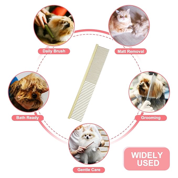 Dog Cat Comb, Pet Combs Stainless Steel Teeth with Rounded Ends for Knots Mats Loose Hair Removal, 7.5IN (Gold Plated, 3 Pack), Grooming Tool Intended for Long Curly Hair Pet