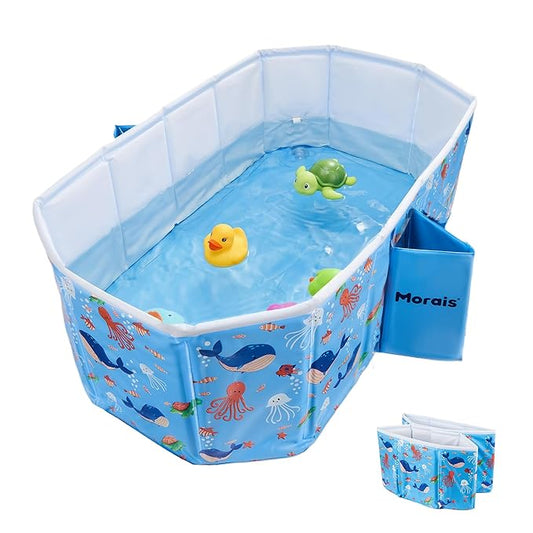 MORAIS Baby Bathtub Collapsible & Portable, Foldable Toddler Bath Tub with Dual Drain Plug and Padded Bottom, Travel & Shower Ready, Easy to Clean, Space-Saving Tub, 12 Months+