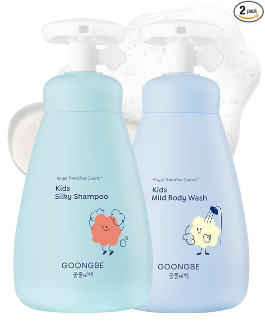 GOONGBE Kids' Bath Time Set - Korean Silky Shampoo & Mild Body Wash - Complete Hair & Body Care for Sensitive Skin - Low pH, Silicone-Free Formula - Allergen Free Scent, 10.1 fl.oz each