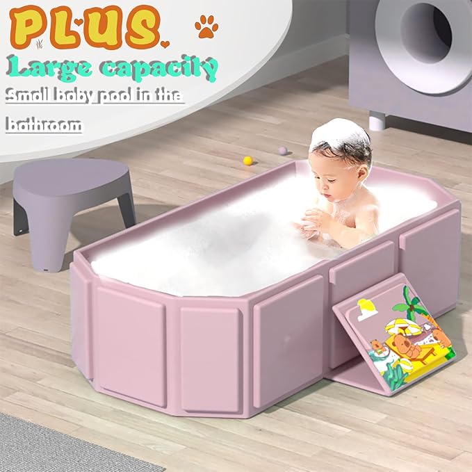 Baby Foldable Children's Bathtub, Portable Non-Slip Shower Tray for Kids, Toddler Bath Tub with Drain Plug, Boys and Girls Bathroom Water Pool, Cat and Dog Pet Wash Shower Basin (Pink)