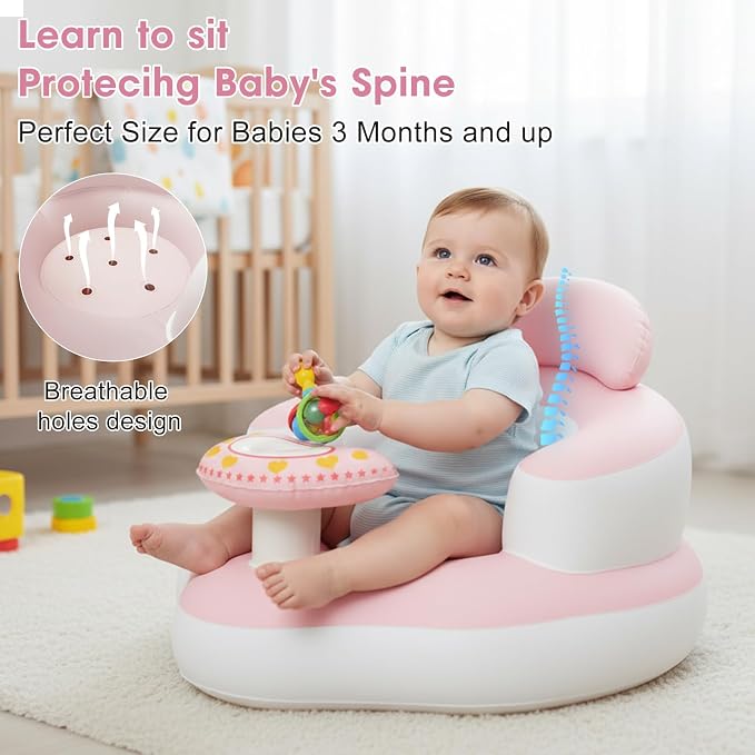 Inflatable Baby Seat for Babies 3-36 Months, Built-in Air Pump, Sit Me Up Chair with Tray and Back Support, Learning to Sit, Portable Baby Chair (Pink & White)