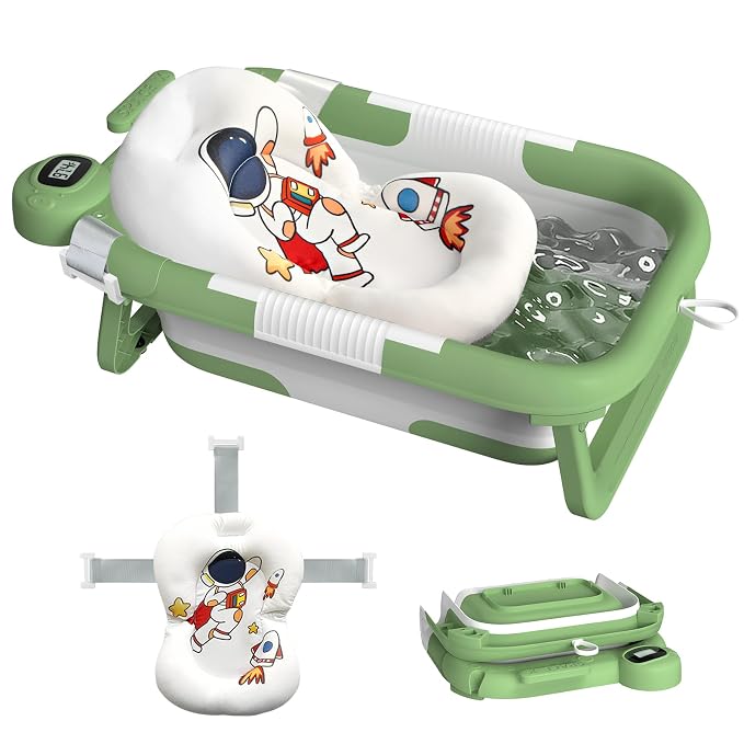 Green Foldable Baby Bathtub with Cushion & Kneeling Pad, Large Infant Bath Tub with Thermometer & Support Pillow, Portable Newborn Bathing Tub for Baby Boys & Girls