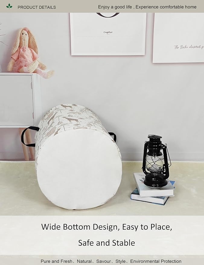 Collapsible Laundry Hamper,Waterproof Cotton Canvas Storage Basket with Reinforced Handles for Bedroom, Bathroom, Dorm & Home Organization (Round Animals)