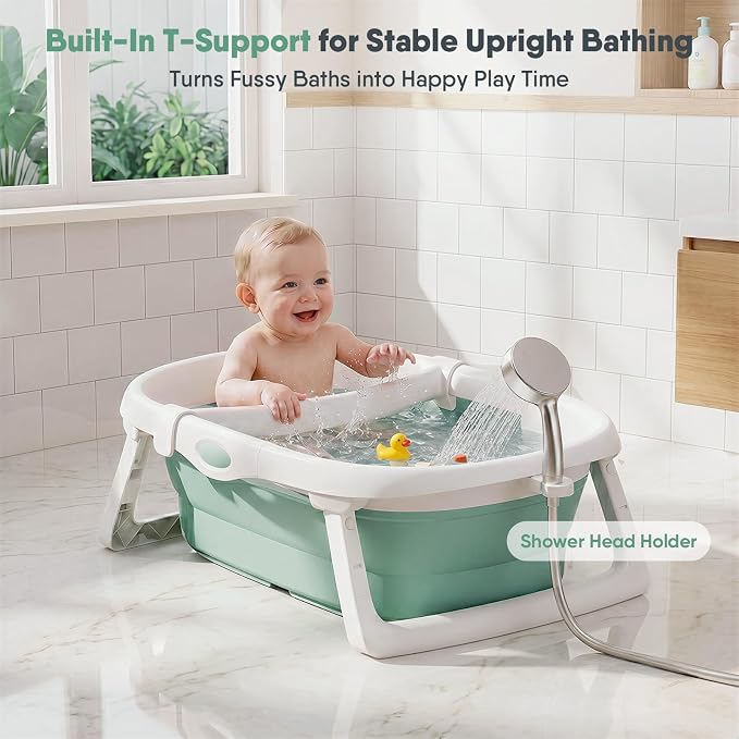 CheerTry 4-in-1 Grow-with-Me Baby Bathtub, Foldable Infant Tub for Newborn to Toddler from 0-24 Months, Collapsible Baby Bath Tub with Removable Bath Basket & Built-in Thermometer for Baby Shower