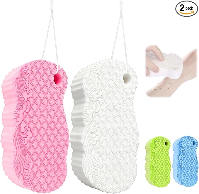 2Pcs Magic Exfoliating Bath Sponge, 3D Ultra-Soft Body Exfoliating Sponges, Deep Cleansing Dead Skin, Lanyard Bath Sponge for All Skin Types,Suitable for Both Men and Women (Pink+White)
