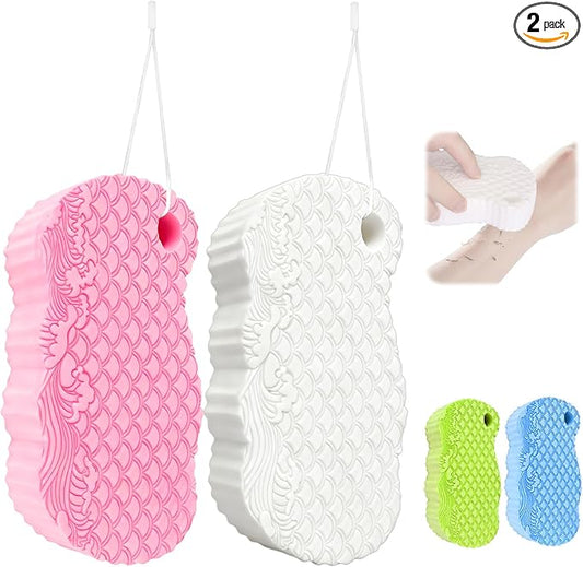 2Pcs Magic Exfoliating Bath Sponge, 3D Ultra-Soft Body Exfoliating Sponges, Deep Cleansing Dead Skin, Lanyard Bath Sponge for All Skin Types,Suitable for Both Men and Women (Pink+White)