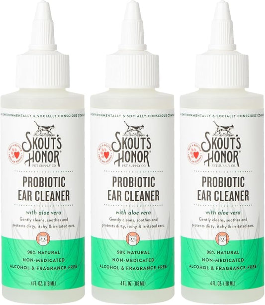 SKOUT'S HONOR Cat Ear Cleaner Solution with Aloe Vera - Alcohol-Free, Fragrance-Free, Non-Medicated Ear Wash for Cats, 4 oz., 3-Pack