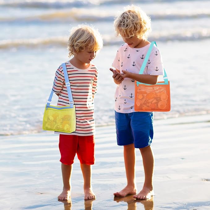 Tagitary Beach Toy Mesh Beach Bag Kids Shell Collecting Bag Beach Sand Toy Totes for Holding Shells Beach Toys Sand Toys Swimming Accessories for Boys and Girls(Only Bags,A Set of 3)
