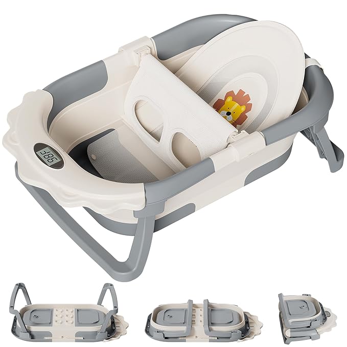 TPN 4-in-1 Grow-with-Me Collapsible Baby Bathtub, Baby Tub for Newborns to Toddler with Soft Floating Cushion & Thermometer, Portable Baby Bath Tub, Infant Bathtub for Bath Support in Tub,Grey