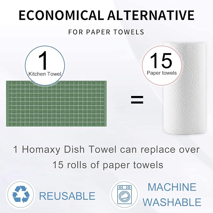 Homaxy 100% Cotton Terry Kitchen Towels(Grass Green, 13 x 28 inches), Checkered Designed, Soft and Super Absorbent Dish Towels, 6 Pack