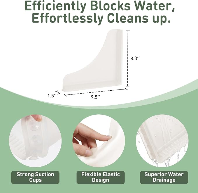 No-Adhesive 2-Pack All-Silicone Shower Splash Guard with Strong Suction Cups, Reusable One-Piece Bath Tub Corner Water Blocker for Secure Seal&Easy Removal，Keep Water in Shower or Bath, Clear （Small）