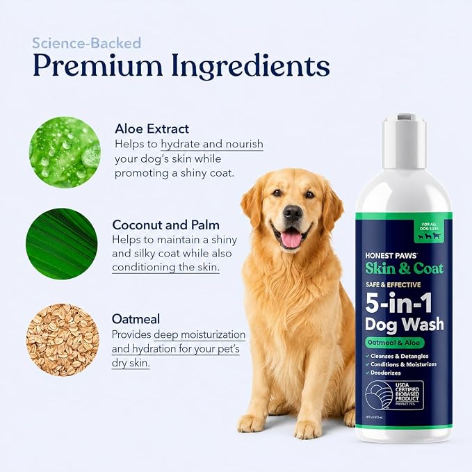 Honest Paws Dog Shampoo and Conditioner - Premium Dog Wash for Allergies and Dry, Itchy, Moisturizing for Sensitive Skin - Sulfate Free, Plant Based, All Natural - Oatmeal & Aloe -16 Fl Oz