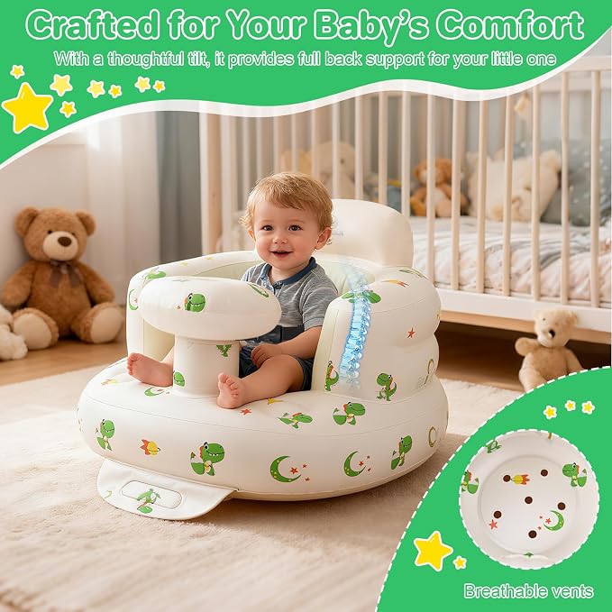 BEBOAN Inflatable Baby Seat with Tray for 3 Months Up Baby, Portable Upseat Baby Chair with Safety Strap for Sitting Up, Foldable Blow Up Infant Seat with Built-in Air Pump (Green Dinosaur)