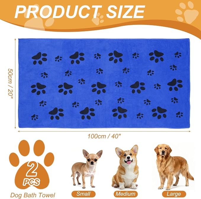Microfiber Dog Towels for Drying Dogs, 40 x 20 in Super Absorbent Soft Pet Grooming Towel Perfect Dog Shower & Bath Supplies (Blue, 2 Pcs), Intended for Large/Medium/Small Dogs