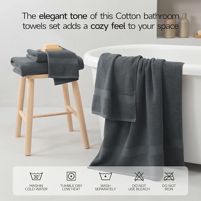 ecolook 2 Pack 100% Cotton Bath Towels, 28 x 55 Inches, Soft | Lightweight, Highly Absorbent & Quick Dry Body Towels for Bathroom, Shower, Gym & Daily Use, Dark Gray