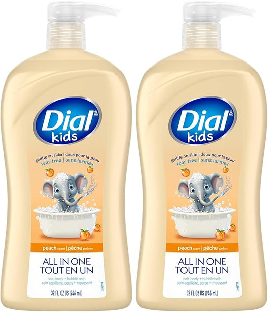 Dial Kids All-in-1 Body + Hair + Bubble Bath, Peach Scent, 32 Fl Oz, Hypoallergenic Body Wash & Shampoo, No Tears Formula for Kids 2+ Years, No Parabens & Silicones (Pack of 2)