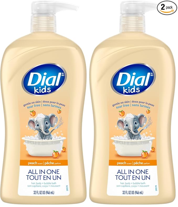 Dial Kids All-in-1 Body + Hair + Bubble Bath, Peach Scent, 32 Fl Oz, Hypoallergenic Body Wash & Shampoo, No Tears Formula for Kids 2+ Years, No Parabens & Silicones (Pack of 2)