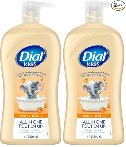 Dial Kids All-in-1 Body + Hair + Bubble Bath, Peach Scent, 32 Fl Oz, Hypoallergenic Body Wash & Shampoo, No Tears Formula for Kids 2+ Years, No Parabens & Silicones (Pack of 2)