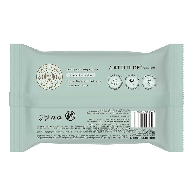 ATTITUDE Pet Grooming Wipes, Hypoallergenic Plant and Mineral-Based Ingredients, Vegan and Cruelty-Free Biodegradable Products, Unscented, 72 Count (Pack of 2)