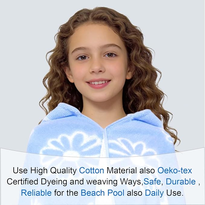 VOOVA & MOVAS Hooded Bath Towels for Teens/Big Kids (8Years Up) | Soft Absorbent 100% Cotton Thick Towel Wrap | Versatile Beach, Pool, Swim & Bath Cover-Up | Jacquard Blue Daisy
