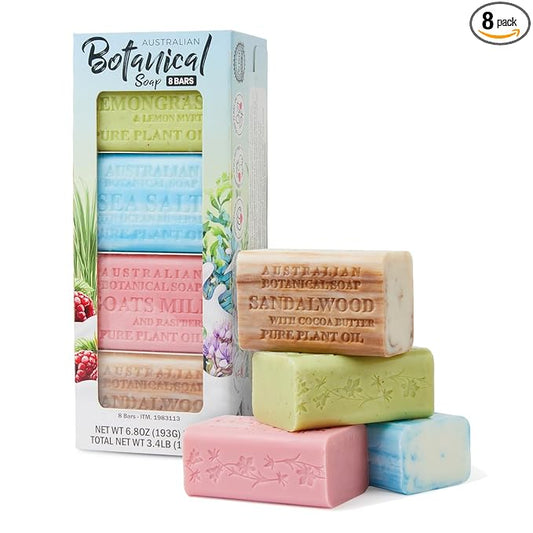 Australian Botanical Soap 8-Pack Variety Bar Soap Set, 6.6 oz Each (8 Bars) – 2 Each: Sandalwood, Sea Salt, Goats Milk Raspberry, Lemongrass & Lemon Myrtle – Bath & Hand Soap Bars | 4 Premium Scents: Sandalwood, Sea Salt, Goats Milk Raspberry & Lemongr...