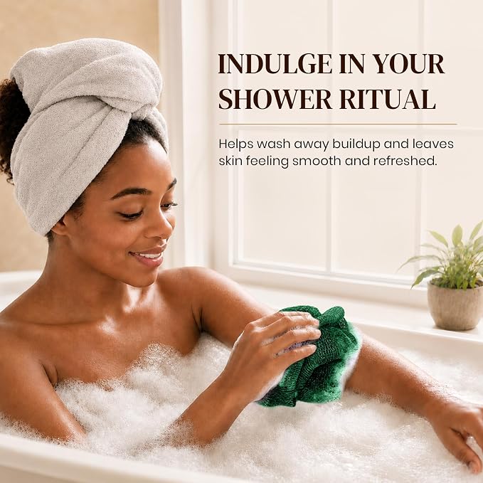 4 Pack African Net Sponge Authentic, Exfoliating Washcloth, Body & Back Scrubber, Better Alternative to Traditional Loofahs, Perfect for Daily Shower & Travel, Yellow, Brown, Gray & Forest Green