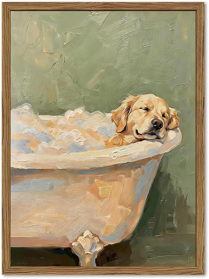Funny Dog Bathroom Wall Art Cute Golden Retriever in Bathtub Wall Decor Picture Whimsical Bathroom Dog Poster Canvas Painting Print 12x16 inch Wood Framed