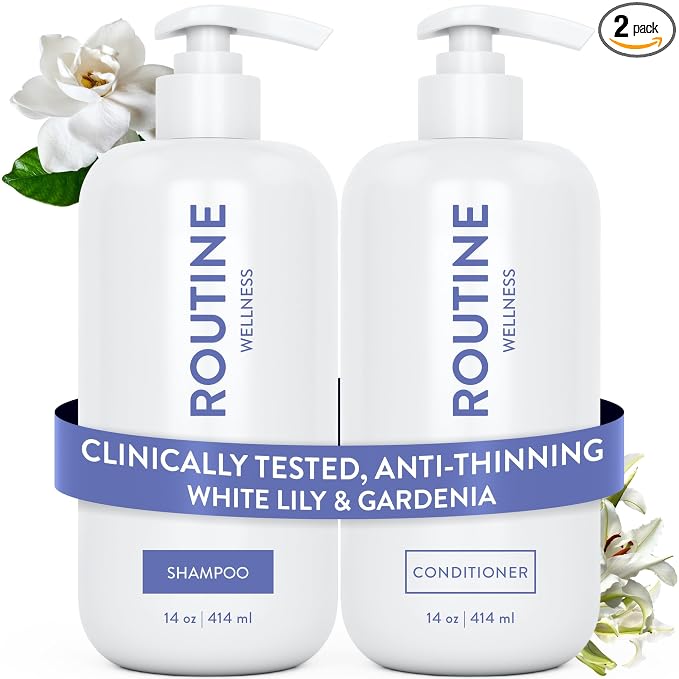 Routine Wellness Shampoo & Conditioner Set - White Lily & Gardenia | Clinically tested shampoo for thinning hair with biotin, pea peptides, saw palmetto oil, color safe, sulfate free