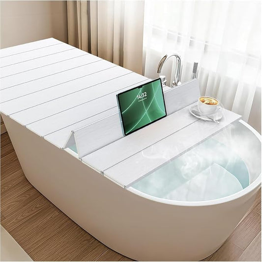 Bathtub Tray, Foldable Waterproof Bathtub Cover with Thermal Insulation, PVC Shutter Bath Lid Dust-Proof for Most Tubs, Laptop Desk & Wine Glass Holder for Home Bathroom Spa (M)