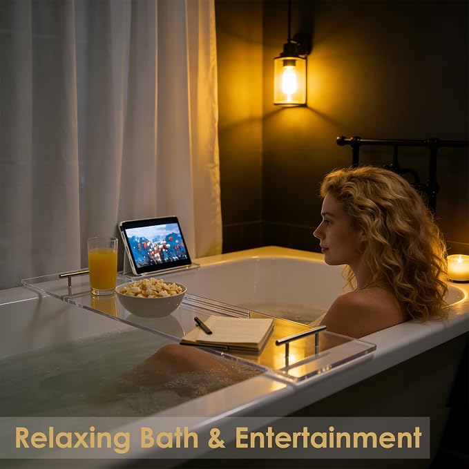 Bathtub Tray, Bath Tray for Tub, Acrylic Bath Caddy Tray for Bathtub, for Tub Luxury Spa with Tablet Slots and Wine Glass Hole, Bathroom Accessories for Decorative Bathtubs (31.5 * 9.45in)