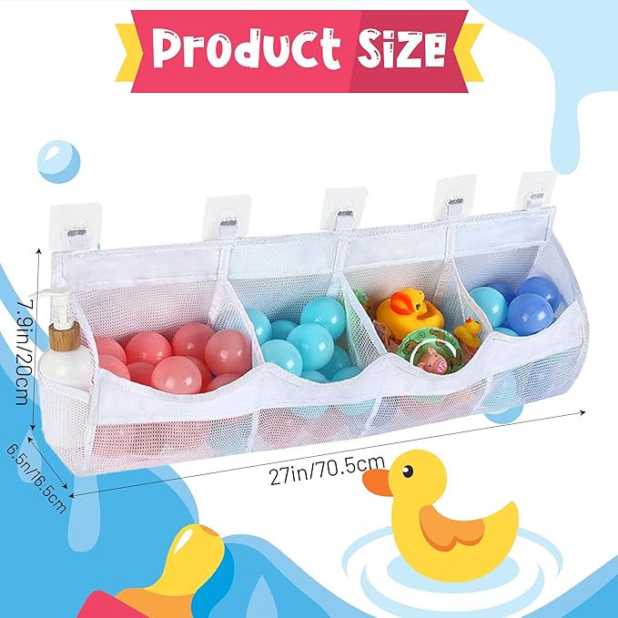 Large Bath Toy Storage, 4 Compartment Quick Drying Mesh Bath Toy Organizer with 5 Hooks, Easy Access and Sorting Large Capacity Corner Bathroom Storage, Multi Use Holder (White)