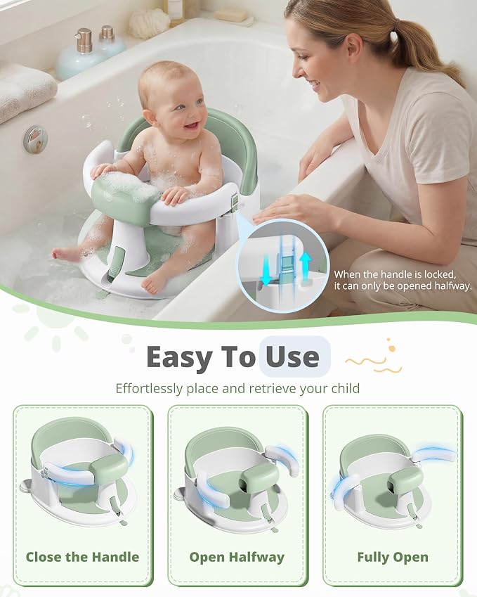 ONTHEWEI Baby Bath Seats for Babies Sitting Up, Non-Slip Baby Bathtub with 3 Suction Cups, Safe & Comfortable Toddler Bath Seat Ideal for Baby Bath/Shower Support, Stable Design, Mist Green