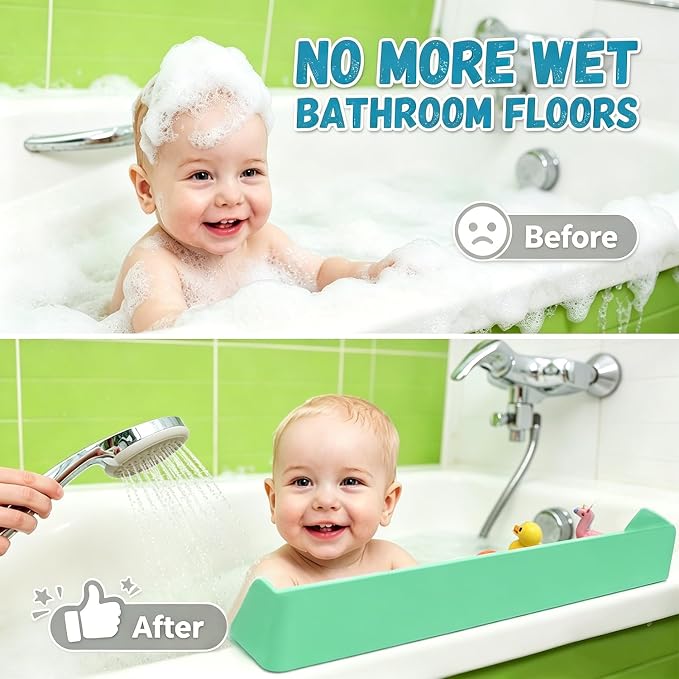 Bathtub Splash Guard with Strong Suction Cups, Silicone Splash Guard for Bathtub, Bath Toys Storage & Organizer Shelf for Kids, Flexible Water Guard for Bathroom Tub Edge and Kitchen Sinks Green