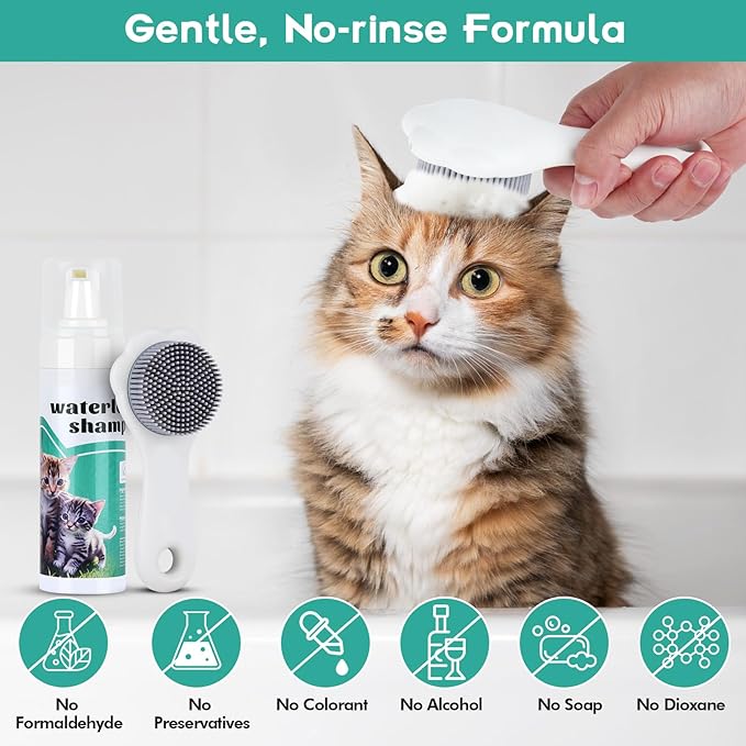 Waterless Cat Shampoo with Cat Brush, Cat Dry Shampoo, No Rinse Foam for Cat Bath