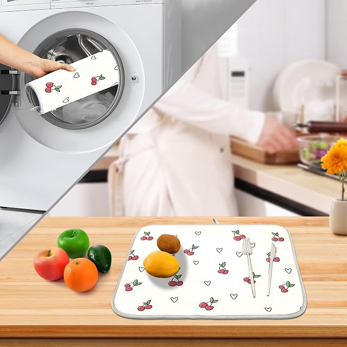 Cute Cherry Heart Pattern Dish Drying Mat, Absorbent Drainer Mats for Kitchen Counter Coffee Maker 18"x16"