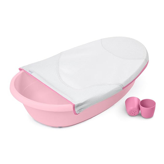 Ingenuity Room to Soak 4-in-1 Baby Bath Tub in Pink, Newborn to Toddler, Adjustable Full Coverage Sling, Supportive Seat, Includes 2 Pour & Rinse Cups, Easy Release Drain Plug, 0M+