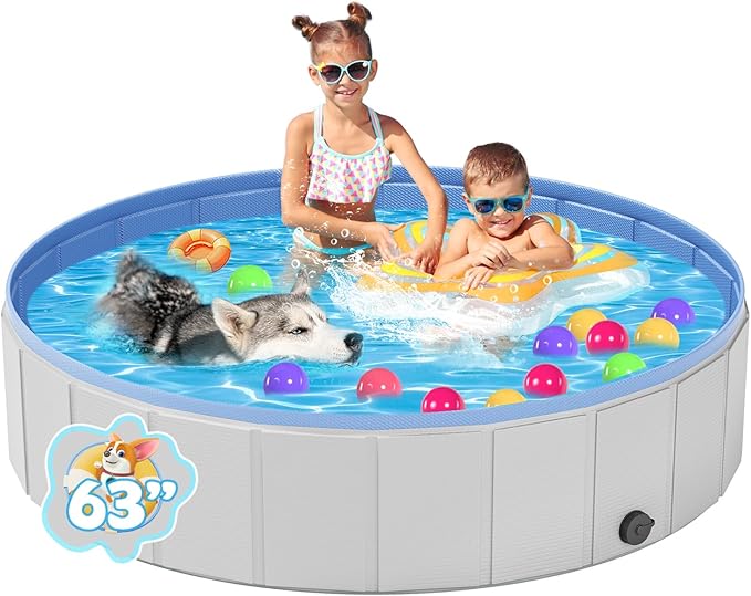 YSJILIDE Portable Dog Pool PVC Pet Swimming Pool Bathtub Collapsible, Hard Plastic for Pets to Swim and Bath (XL-63"x 12" Light Grey)
