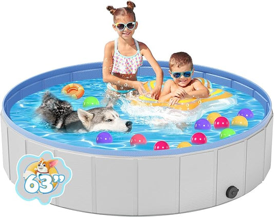 YSJILIDE Portable Dog Pool PVC Pet Swimming Pool Bathtub Collapsible, Hard Plastic for Pets to Swim and Bath (XL-63"x 12" Light Grey)